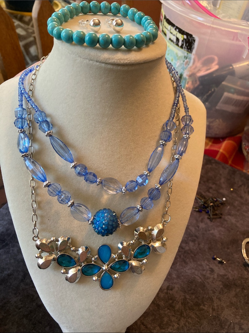 Elegant Blue Multi-Strand Necklace Bracelet Earrings Jewelry Set 4 Pieces